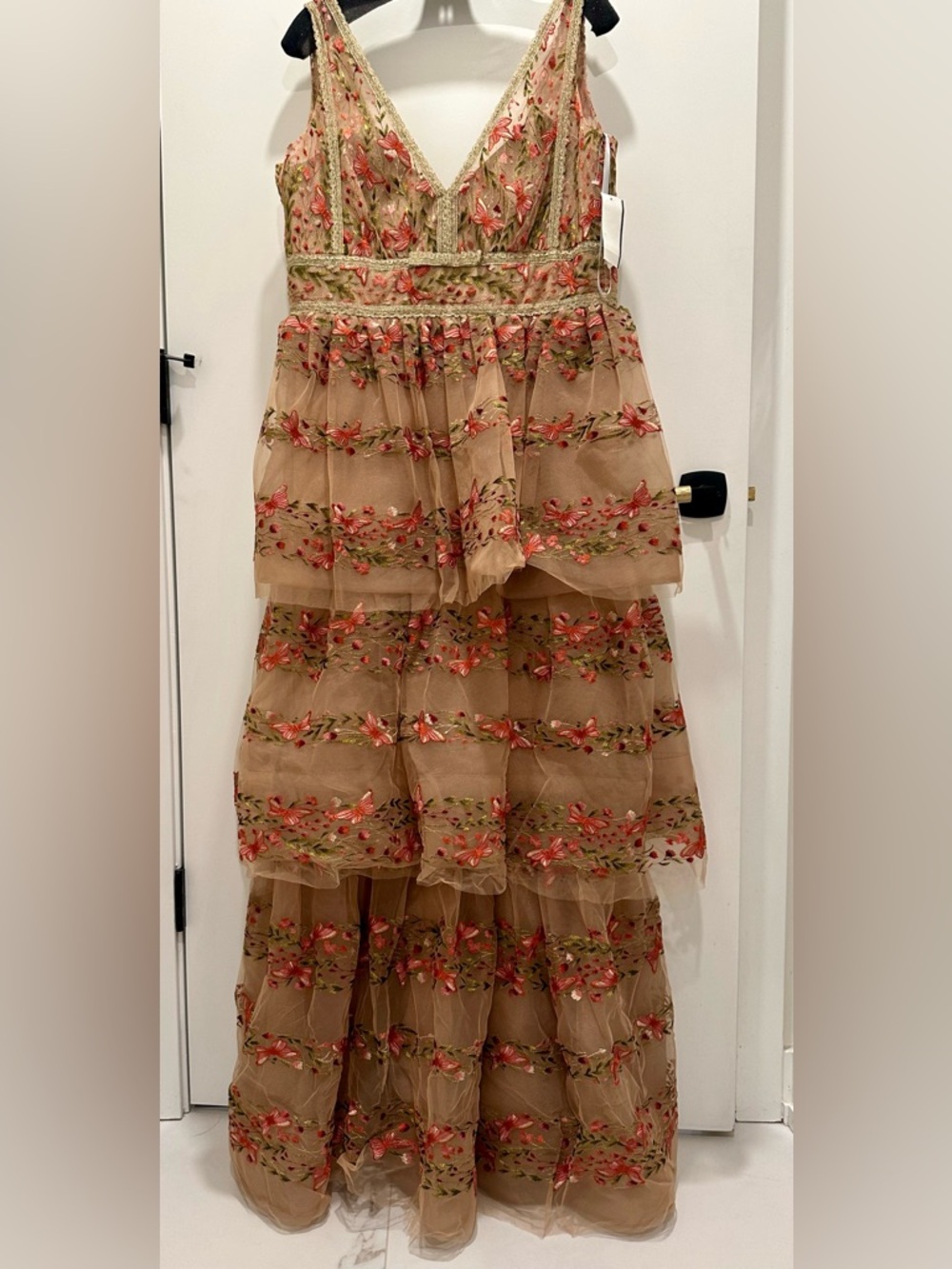 Floral Embroidered Tiered V-Neck Dress - Gold with Pink Accents. Size 14. NWT